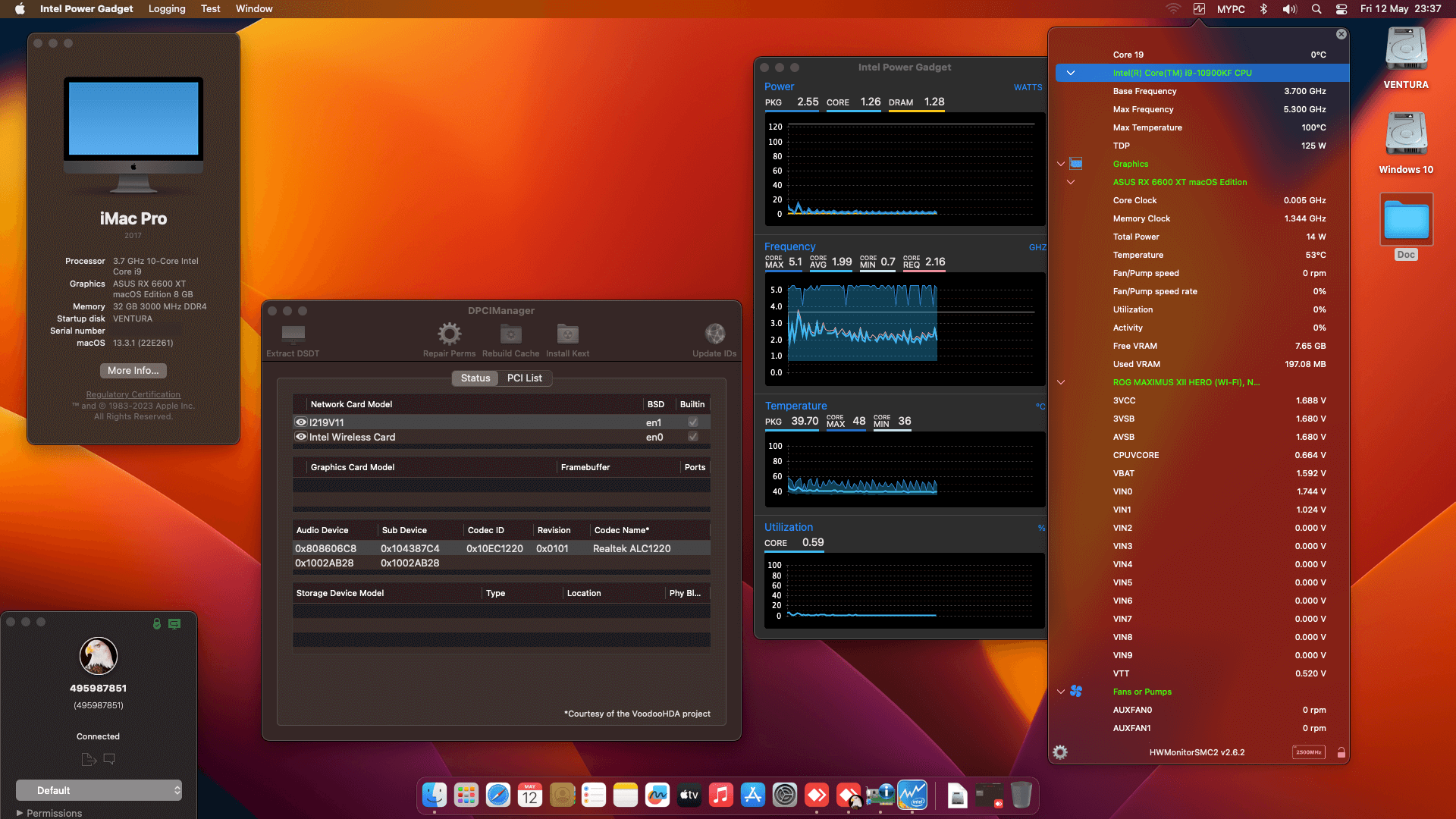 Success Hackintosh macOS Monterey 13.3.1 Build 21E261 in Asus ROG Maximus XII Hero (Wifi) + Intel Core i9 10900KF + Asus RX 6600 XT